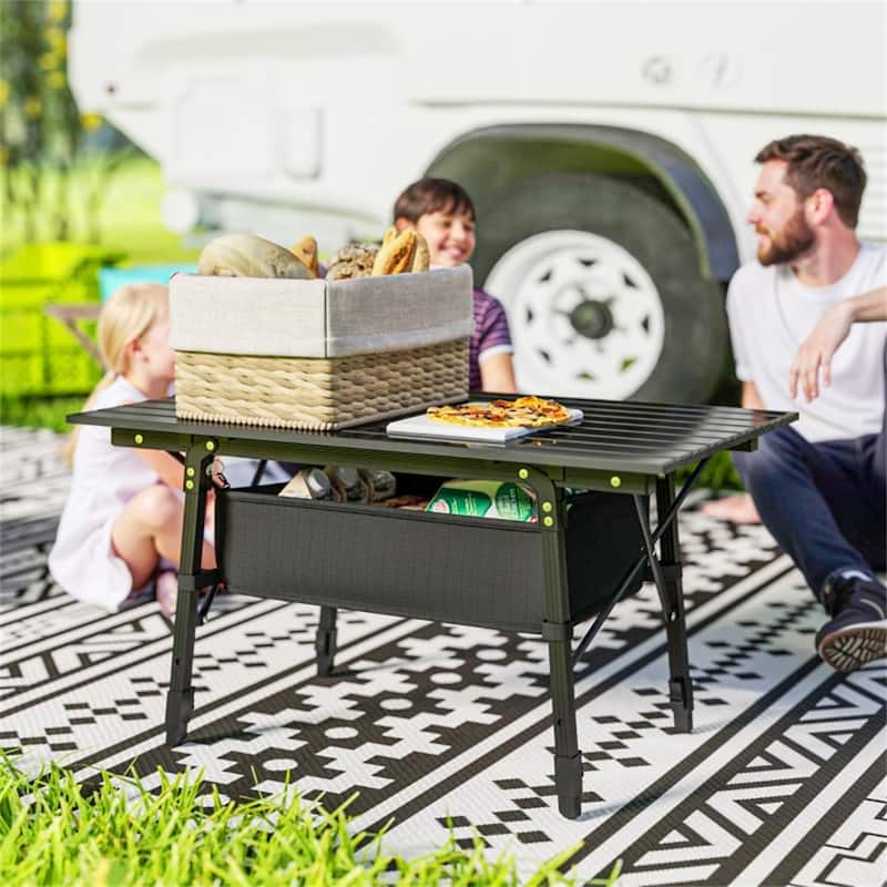 Black Portable Camping Table with Adjustable Height and Foldable Aluminum Frame Oxford Storage Basket