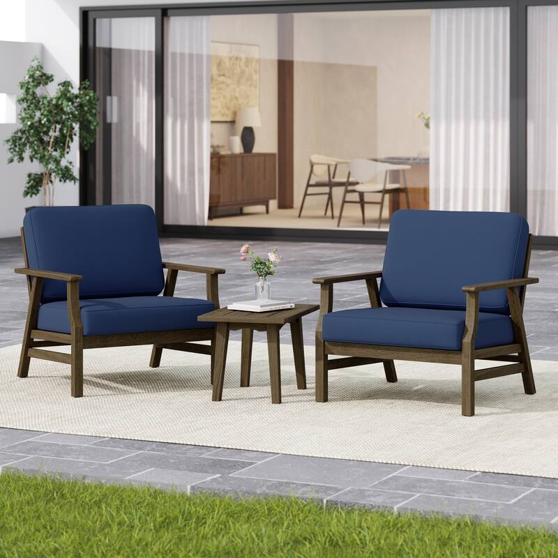 3-piece Cushioned Outdoor Club Chiars With Side Table - NaturalFrame/Navy - NaturalFrame