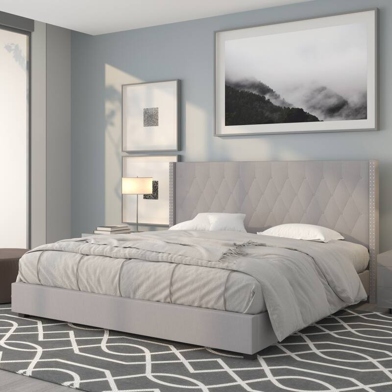 Tufted Upholstered Nailhead Trim Platform Bed - Light Gray - King