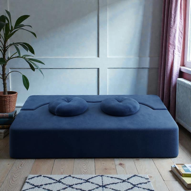 Convertible Floor Sofa Bed with 2 Pillows, Plush Corduroy Foam-Filled Folding Mattress, Full Size Sleeper, No Assembly Needed