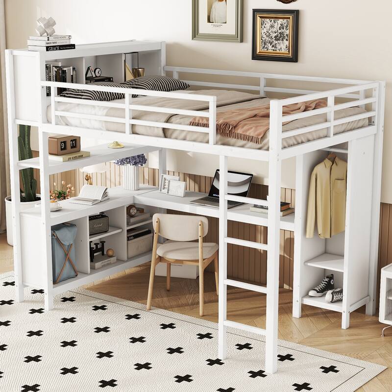 Full Size Metal Loft Bed with Wardrobe, L-shaped Desk, and Storage Shelves, White