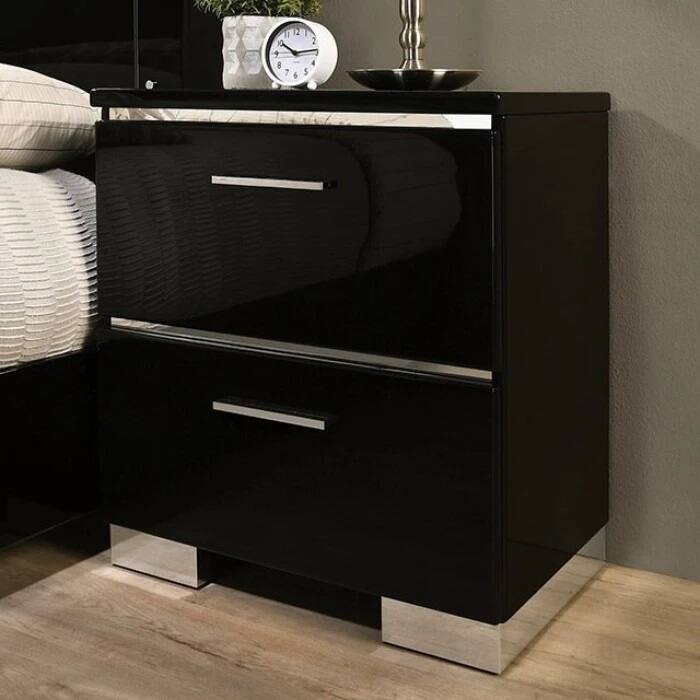 Modern Black Nightstand with Chrome Accents, USB Charger, High Gloss Lacquer Coating, Felt-Lined Drawers, 23.25"x15.37"x26.37"