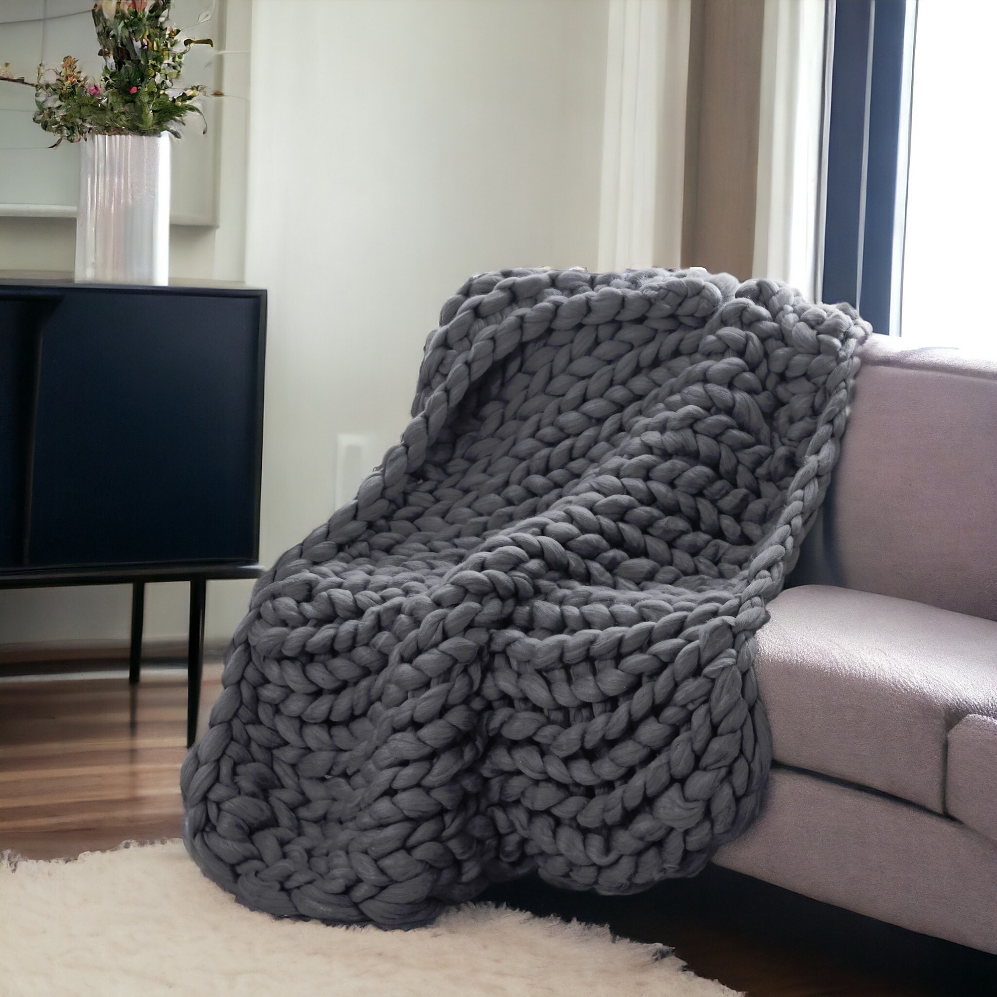HomeRoots Dark Grey Boho Chunky Knit Throw Blanket 1 x 50 x 60