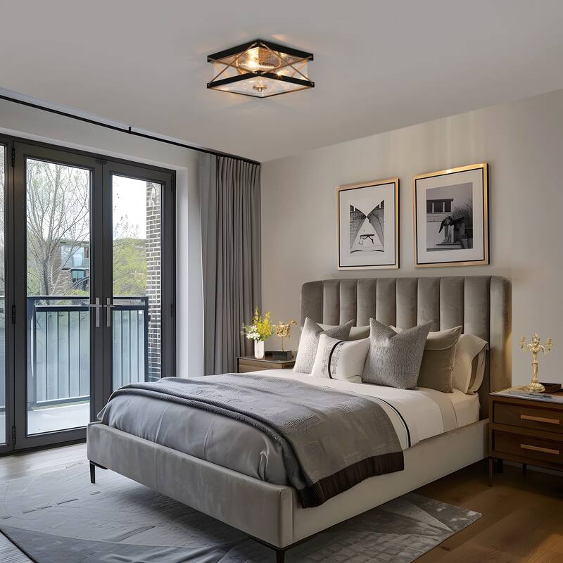 Modern Black Gold 3-Light Seeded Glass Semi-Flush Mount Ceiling Light for Kitchen