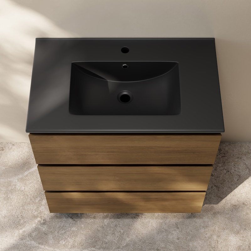 Liberte 30" Freestanding Bathroom Vanity In Brown Oak With Black Sink Top - 30