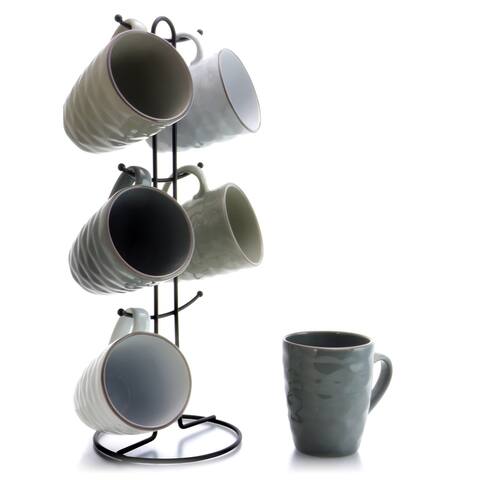 Elama Textured Wave 6-Piece 12 oz. Mug Set with Stand, Assorted Colors