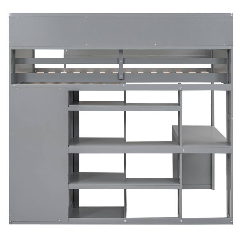 Twin Size Loft Bed w/ Multiple Storage Shelves and Wardrobe, Wooden High Bedframe with Bookshelves, 17.7''x 48.5'' Built-in Desk