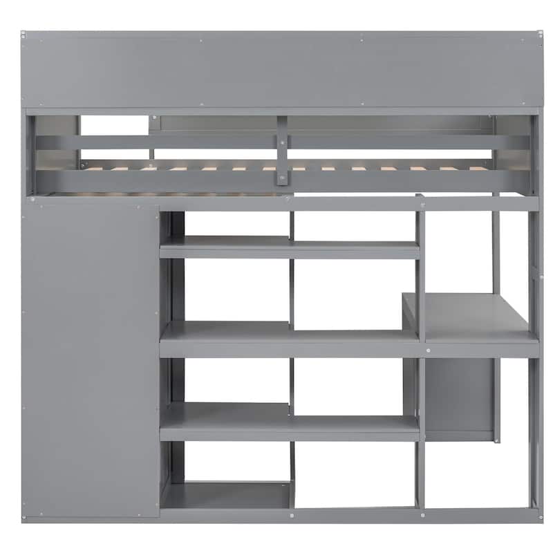 Twin Size Loft Bed with Storage Shelves, Wardrobe, and Built-in Desk, Gray