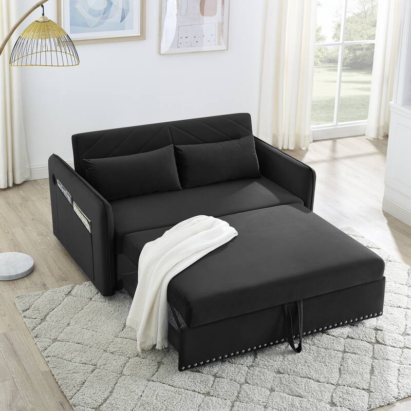 Anmytek 3-in-1 Soft Velvet Convertible Sleeper Sofa Bed With USB Port 2 Lumbar Pillows & Side Pocket - Black