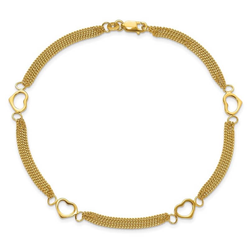 Curata 925 Sterling Silver or Gold Plated 9" or 10" Heart Station Multi-strand Anklet - Over 9 Inches - Yellow