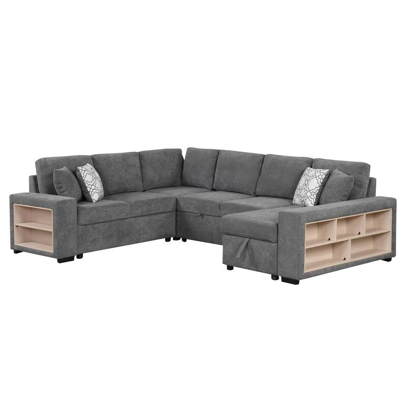 Grey 109" U-Shaped 6 Seater Sectional Sofa with Pull-Out Bed, Storage Chaise Lounge, 4 Back Pillows, and USB Charging Ports