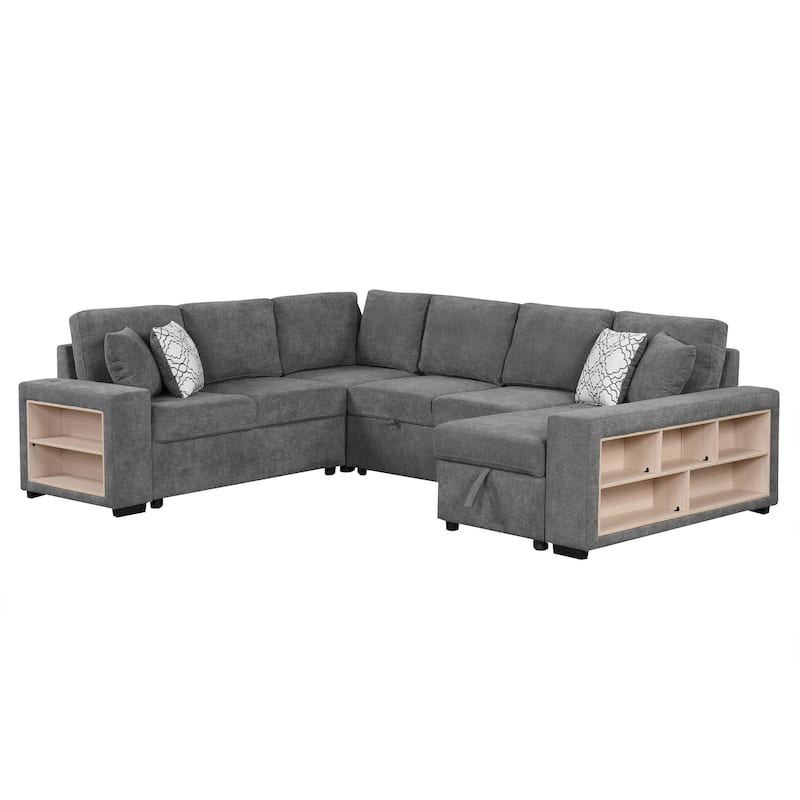 Roomfitters U-Shaped Sectional Sofa with Pull-Out Bed, Two USB Ports, Storage Chaise Lounge, and Four Back Pillows
