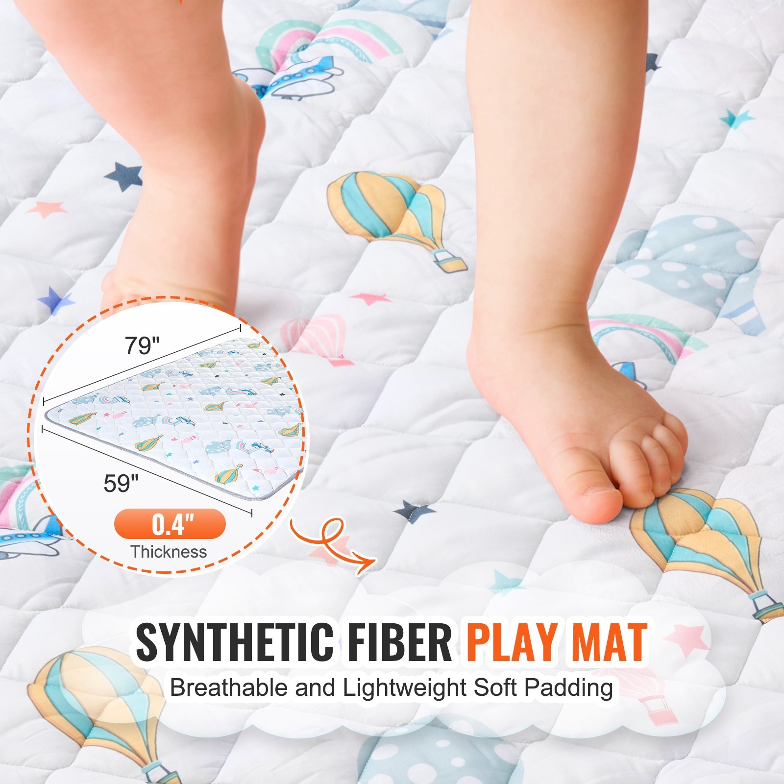White Synthetic Fiber Baby Play Mat 59x79 Inch with Anti-Slip and