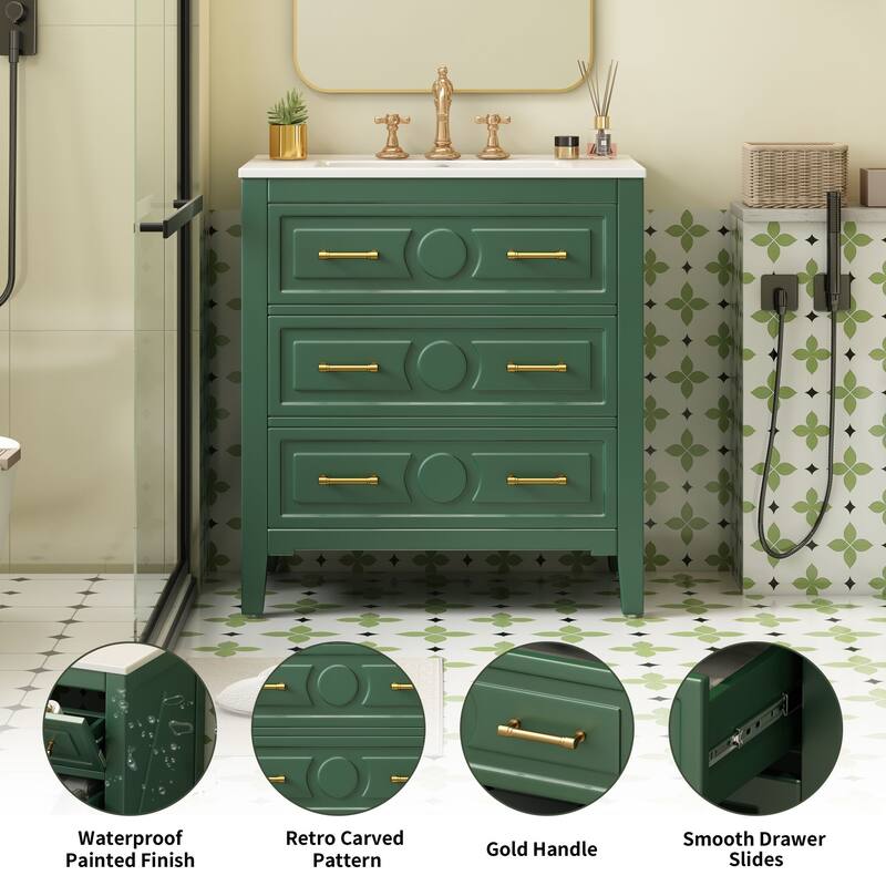 30-Inch Retro Green Bathroom Vanity with Ceramic Sink, Solid Wood Frame, and Soft-Close Drawers