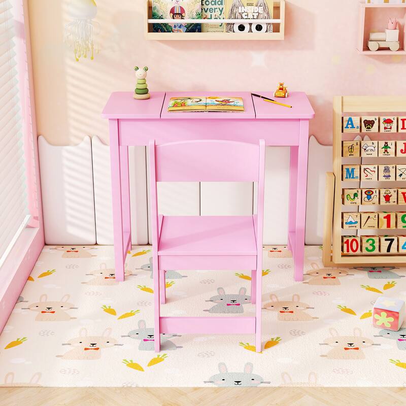 Gymax Kids Vanity Table & Chair Set 2-in-1 Princess Makeup Dressing