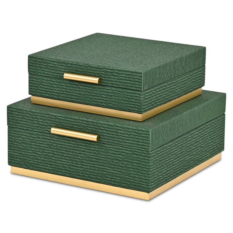 Eira Set of 2 Square Decorative Storage Boxes - Retro Stripe Pattern with Gold Hardware