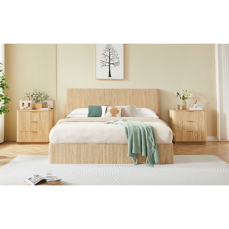 Hydraulic Lift Storage Bed Frame with Headboard/Wooden Corrugated Platform Bed Frame/No Box Spring Needed/Noise-Free Design/King