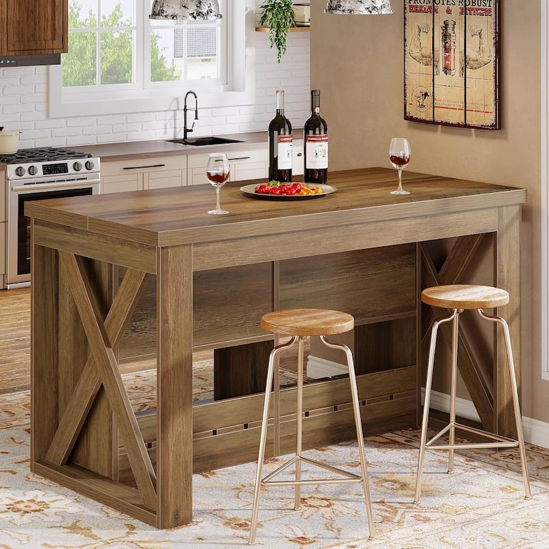 55-inch Kitchen Island with Storage and Seating, Farmhouse Wooden Bar Table with 2 Drawers and Open Shelf