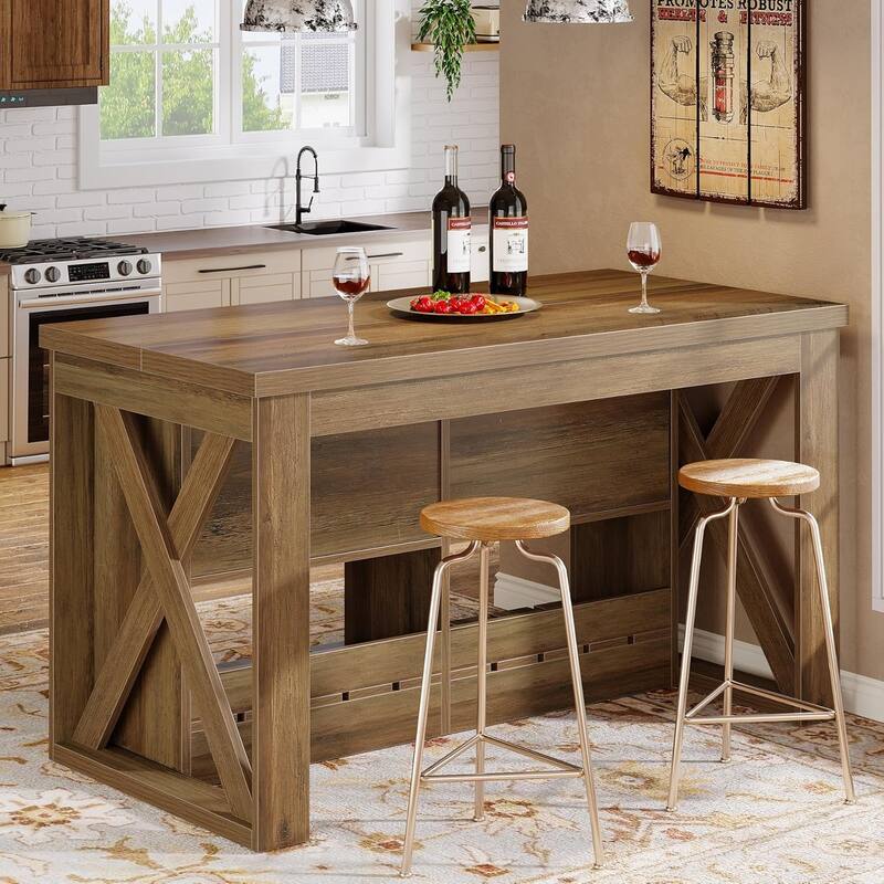 Kitchen Island with Drawers and Shelves, 55" Farmhouse Stationary Island Table