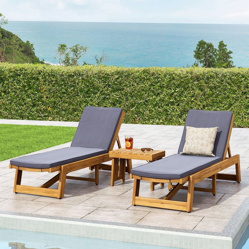 Kyoto Outdoor Acacia Wood 3 Piece Chaise Lounge Set with Water-Resistant Cushions by Christopher Knight Home - Teak Finish + Yellow + Dark Gray Cushion