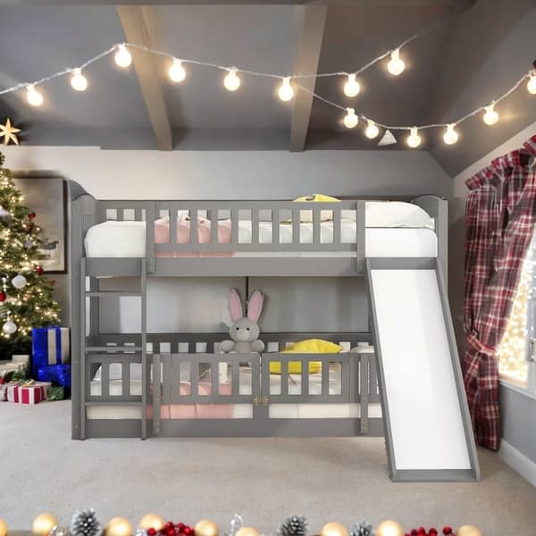 slide 2 of 15, Twin Over Twin Low Bunk Bed with Slide, Fence and Ladder for Toddler Kids Teens, Fun and Variable, Grey Grey