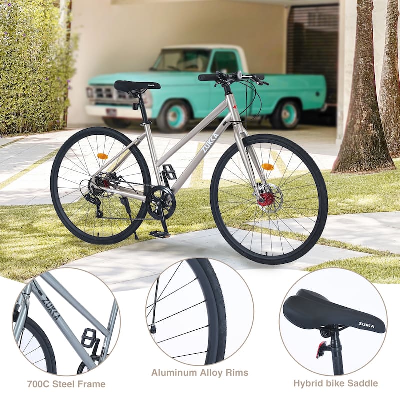 7 Speed Hybrid City Commuting Bike with Double Brakes, 18 Inch Steel Frame, 700C Road Cycling Bicycle for Boys & Girls