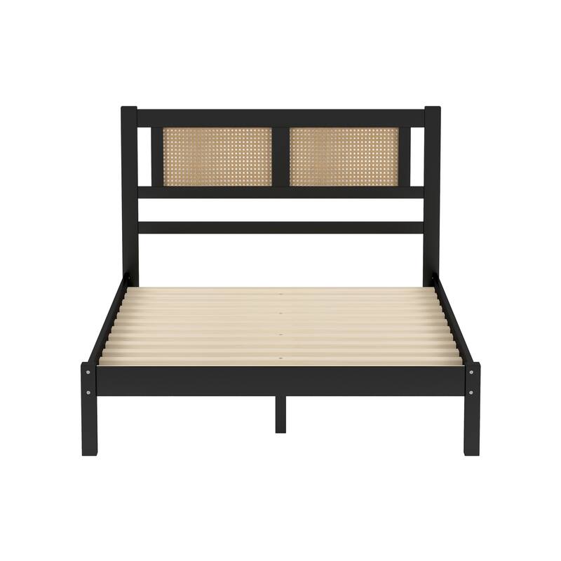 Natural Rattan Headboard Platform Bed - Queen/Full Size, Modern Minimalist Design, No Box Spring Required