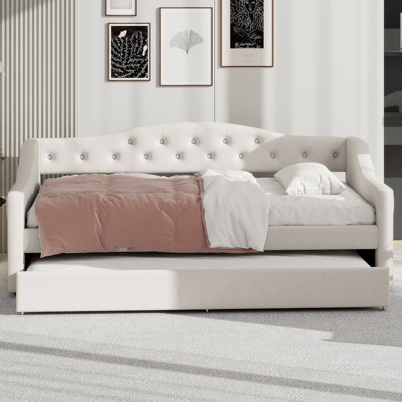 Upholstered Twin XL Daybed with LED Lighting and Trundle, Beige