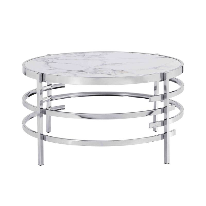 32.48'' Chrome Round Coffee Table With Sintered Stone Top&Sturdy Metal Frame, Modern Coffee Table - Marble - White