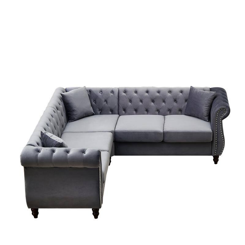 83.5 Inch Velvet Upholstered L-Shaped Sofa Sectional Couch with 3 Pillows