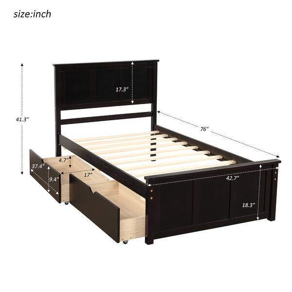 dimension image slide 1 of 2, Twin Size Platform Storage Bed, 2 Drawers with Wheels