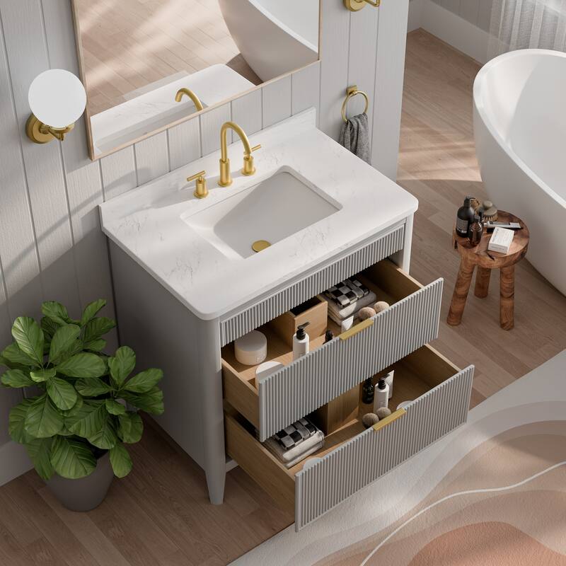 Modland 36" Freestanding Bathroom Vanity with Carrara Marble Top, Soft-Close Drawers, Fully Assembled, Green/Grey - 36 inch