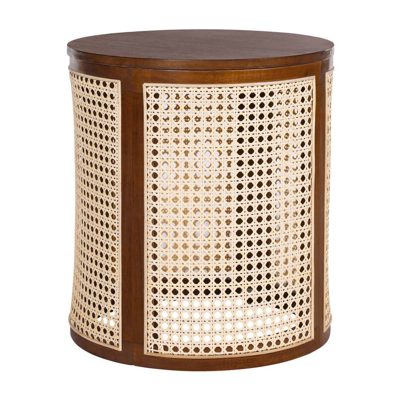 15.70" Round End Table, Hollow Woven Side Table, Small Rubber Wood Nightstand, Rattan Woven Tea Desk