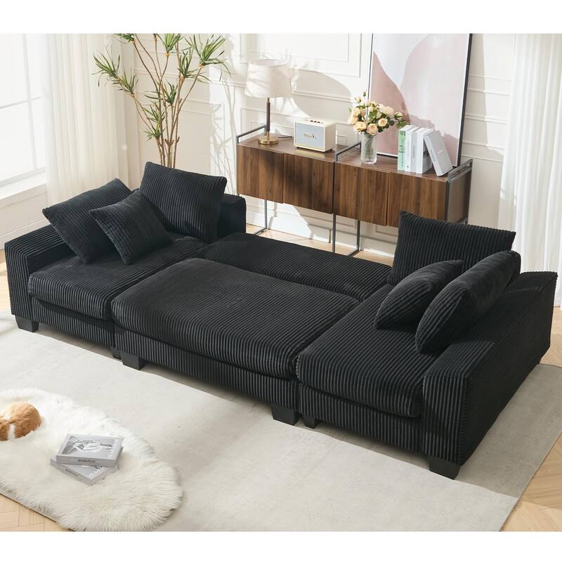 U Shaped Sofa Convertible Pull Out Sleeper Sofa Bed, 2 in 1 Recliner Sectional Couch, Corduroy Upholstery Daybed with Pillow
