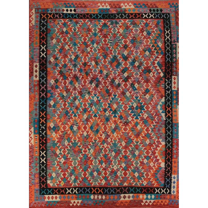 All-Over Geometric Kilim Oriental Area Rug Flatweave Wool Carpet - 8'7"x 11'4"
