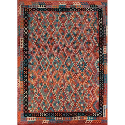 All-Over Geometric Kilim Oriental Area Rug Flatweave Wool Carpet - 8'7"x 11'4"