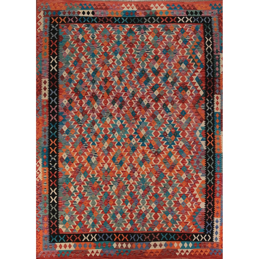 All-Over Geometric Kilim Oriental Area Rug Flatweave Wool Carpet - 8'7"x 11'4"