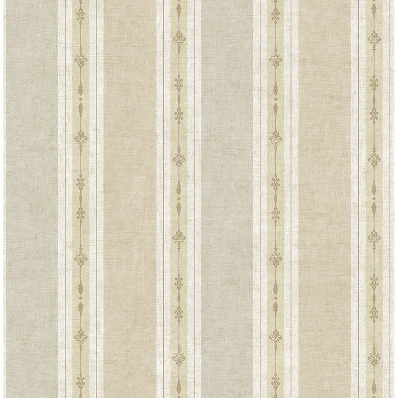 Seabrook Designs Ashlea Fleur De Lis Stripe Unpasted Wallpaper - 20.5 in. W x 33 ft. L - Khaki & Beige