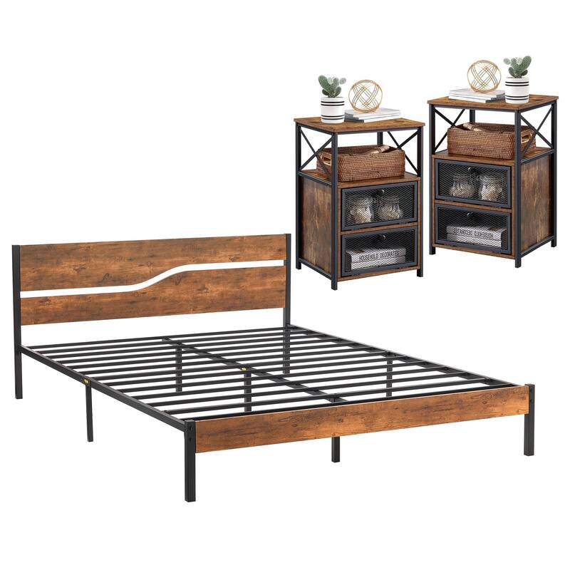 Taomika Bedroom Set of 3,Platform Bed Frame and Modern Nightstands Set of 2 - Brown Nightstands - Full