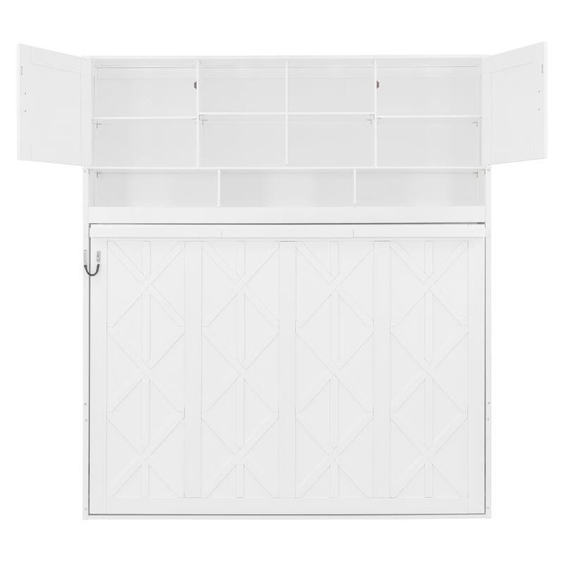 Roomfitters Queen Murphy Bed with Diamond Pattern Storage Cabinet, Wall Mounted Space Saving Hideaway Sleeper, White