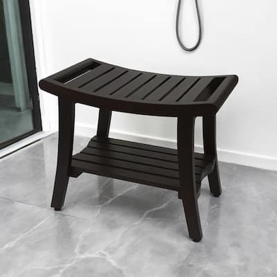 HomeRoots 24" Dark Brown Freestanding Teak Shower Bench With Shelf And Handles