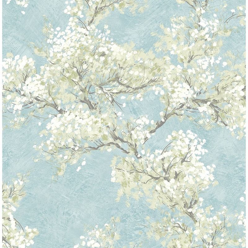 NextWall Cherry Blossom Grove and Stick Wallpaper - 20.5 in. W x 18 ft. L - Blue Mist & Green Tea