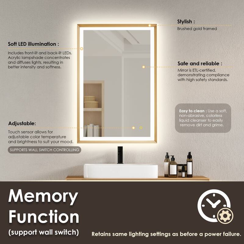 Apollo Rectangular Anti-Fog Dimmable Modern Bathroom/Vanity LED Lighted Wall Mirror in Brushed Gold Aluminum Framed