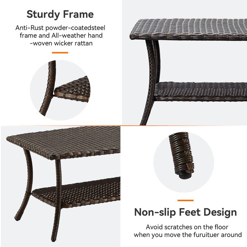 Meina Brown Wicker Rectangular Outdoor Coffee Table with Lower Wicker Storage Shelf