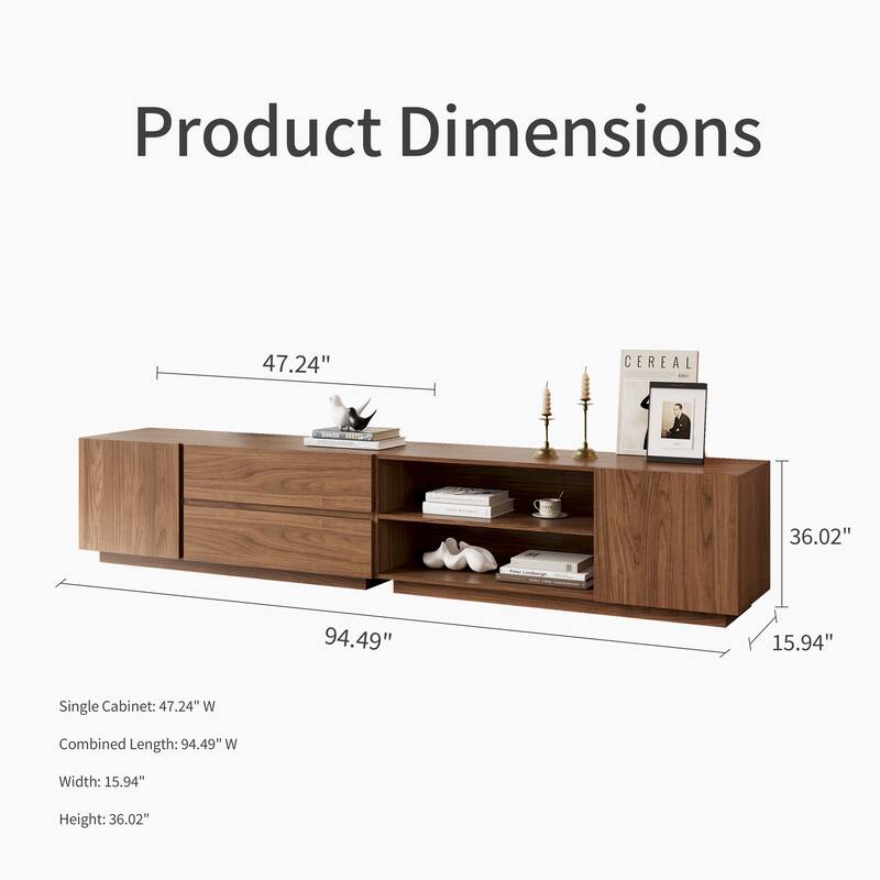 94.7" Modern Mid-Century Brown Wood TV Stand with Storage - Convertible Flat/Stackable Media Console for Living Room