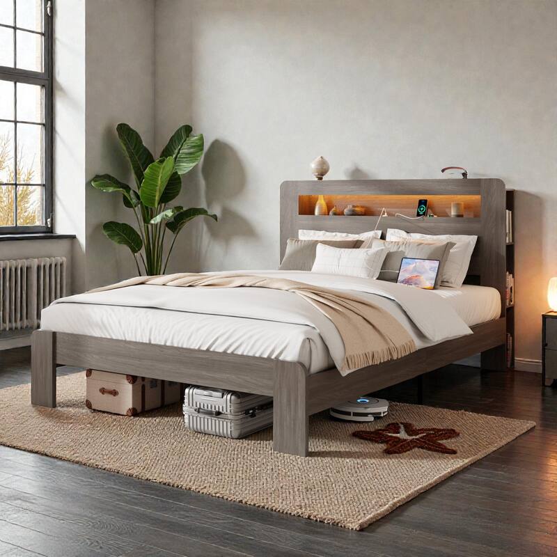 Wood Platform Bed Frame with LED Storage Headboard, USB Charging Ports, Noise-Free Design & Large Underbed Storage - Dark Grey - Full