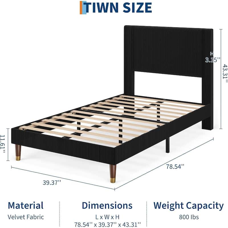Soft Corduroy Fabric Platform Bed Frame with Upholstered Headboard, Black