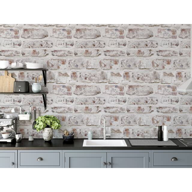 33.5 Sq. ft. White Washed Brick Wall Realistic Peel and Stick Wallpaper