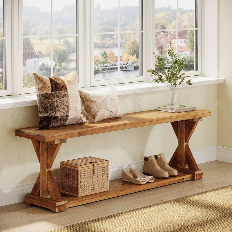 59'' Solid Wood Entryway Bench, 2-Tier Farmhouse Foyer Shoe Bench - Brown