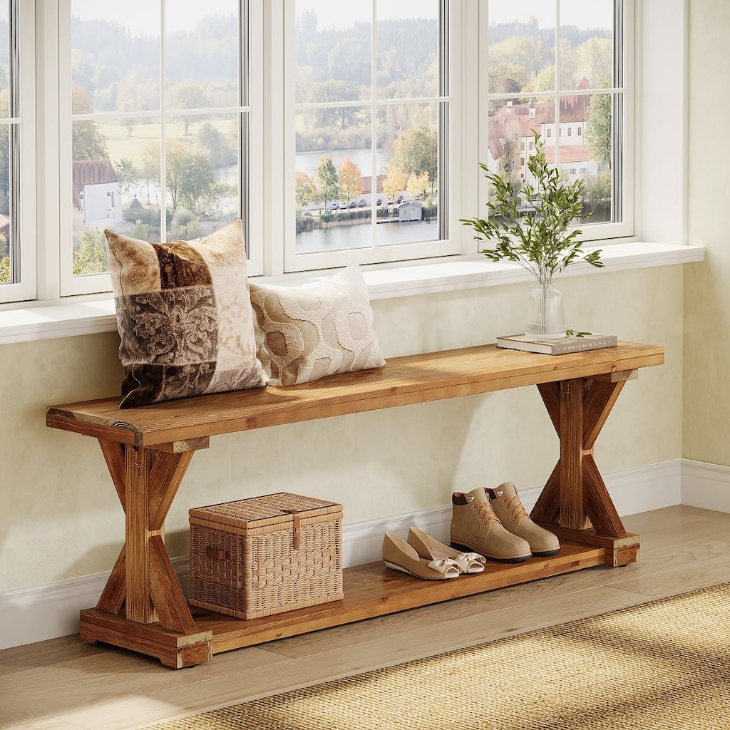 59'' Solid Wood Entryway Bench, 2-Tier Farmhouse Foyer Shoe Bench